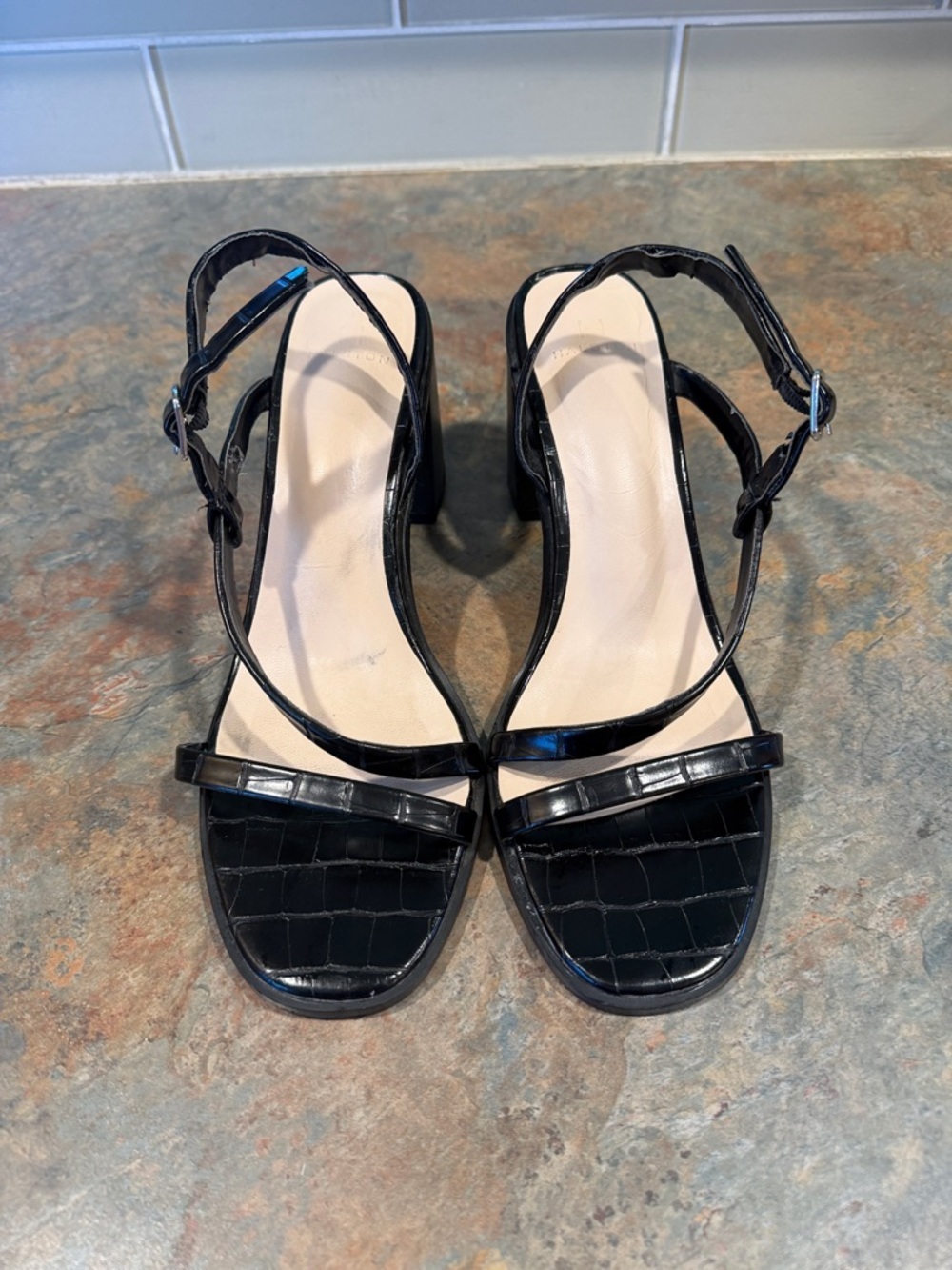 Halston Black Womens  Croc-Embossed Slingback Sandals Size 7M